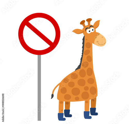 Cute giraffe on profile with prohibition sign on white background - vector