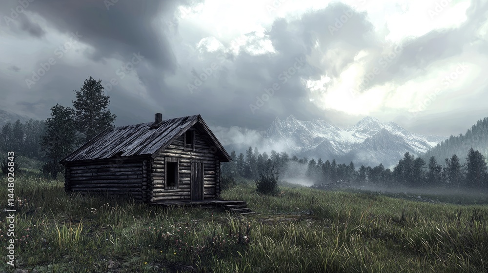 A weathered wooden cabin amidst a misty mountain landscape. A weathered wooden cabin amidst a misty mountain landscape.