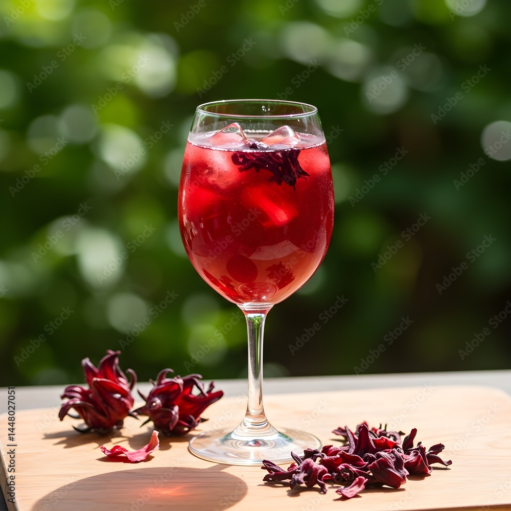 Serving Refreshing Red Drink with Ice in Wine Glass Serving Refreshing Red Drink with Ice in Wine Glass