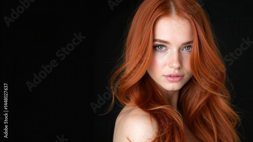 Obraz na płótnie Sexy beautiful redhead girl with long hair. Perfect woman portrait on black background. Gorgeous hair and deep eyes. Natural beauty, clean skin, facial care and hair. Strong and th. w salonie