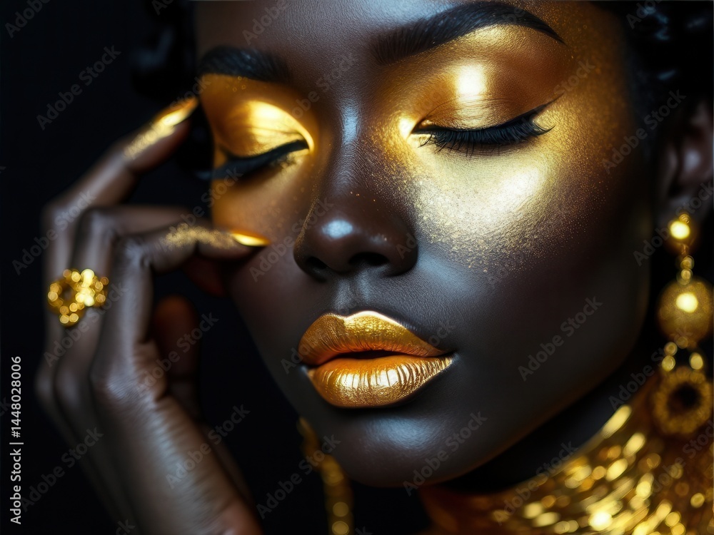 Beauty gold makeup lips eyelids woman black skin color body art, gold jewelry chain, fingertips nails in gold color paint. Professional gold makeup.