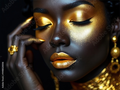 Obraz na płótnie Beauty gold makeup lips eyelids woman black skin color body art, gold jewelry chain, fingertips nails in gold color paint. Professional gold makeup. w salonie