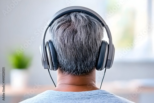 Rear view of a person wearing over-ear headphones, listening attentively