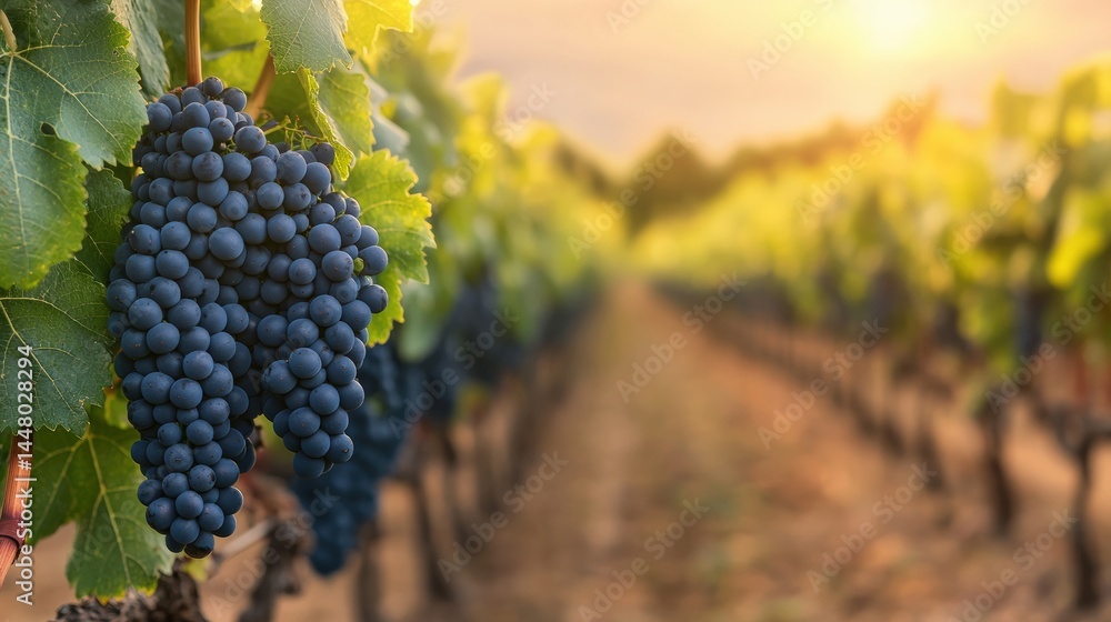 Fototapeta premium Ripe grapes hanging in vineyard at golden hour sunset