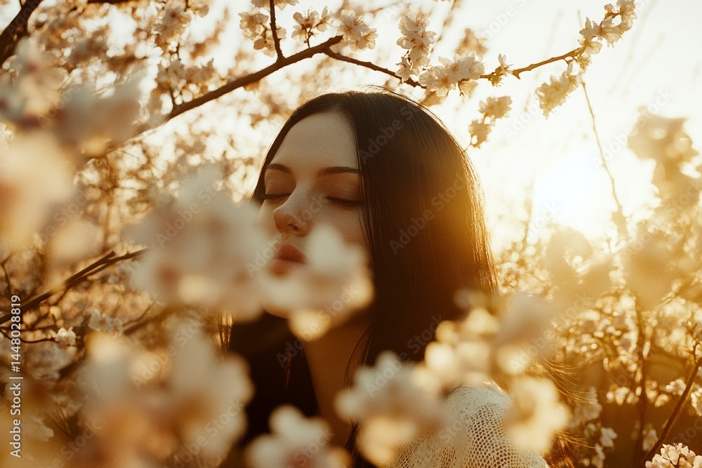 Stunning caucasian young woman surrounded by cherry blossoms. Spring mood, golden hour in sunset. Commercial digital ads idea. Woman in blooming cherry tree park. Woman in bright spring garden.