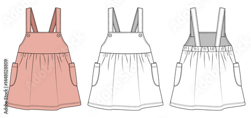 illustration of a baby wear overalls, dungarees, toddler kids, infant baby, sleep full bodysuit, fashion flat sketch, vector illustration, cad, technical drawing, flat drawing, template, mockup.