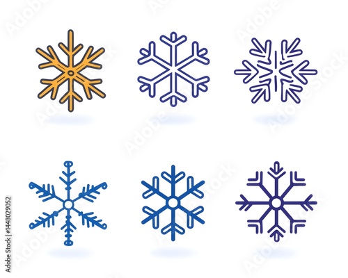 Six stylized snowflake icons in blue and gold, featuring varying designs and simple line art