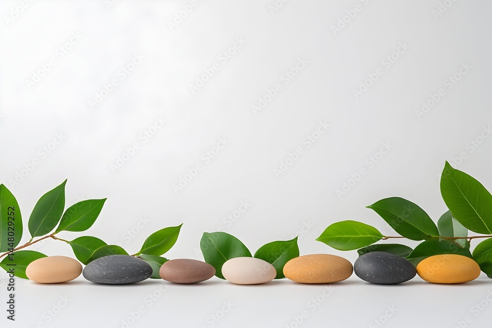 Smooth stones in diverse earth tones, nestled amongst vibrant green leaves against a stark white backdrop Smooth stones in diverse earth tones, nestled amongst vibrant green leaves against a stark white backdrop