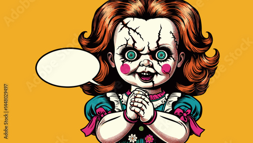 Scary doll with empty speech bubble, party invitation poster in retro Pop Art vector