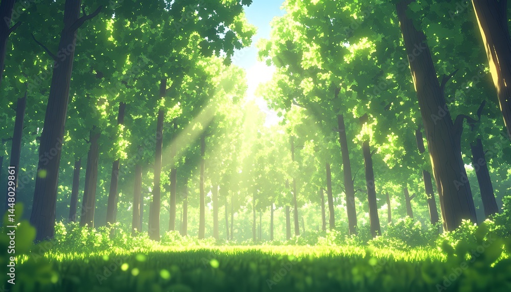 Fototapeta premium Sunlit path through lush green forest, vibrant foliage, dappled sunlight
