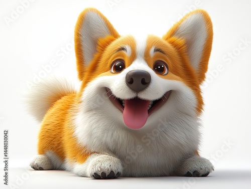 Playful orange-white corgi mid-leap with pink tongue out, fluffy tail curled over white background.