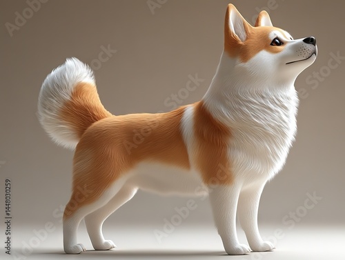 A Corgi with orange-brown and white fur, alert expression, and curled tail standing against clean background
