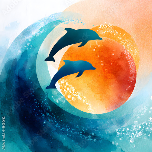 A joyful depiction of dolphins leaping through colorful waves, evoking a sense of freedom and playful energy.