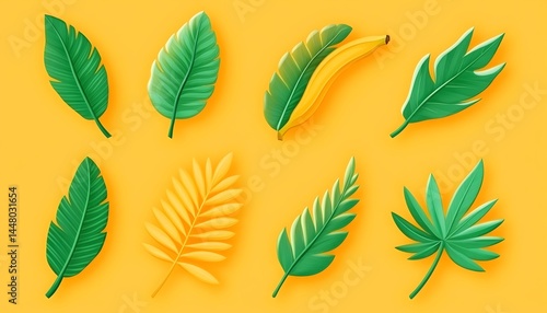 Vibrant tropical leaves and banana on yellow