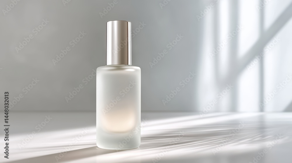 Elegant Frosted Glass Bottle with Silver Cap in Soft Light on Minimalist Background Elegant Frosted Glass Bottle with Silver Cap in Soft Light on Minimalist Background