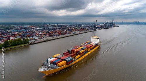 Container Ship Navigating River Toward Industrial Port Under Dramatic Cloudy Sky with Freight Terminals