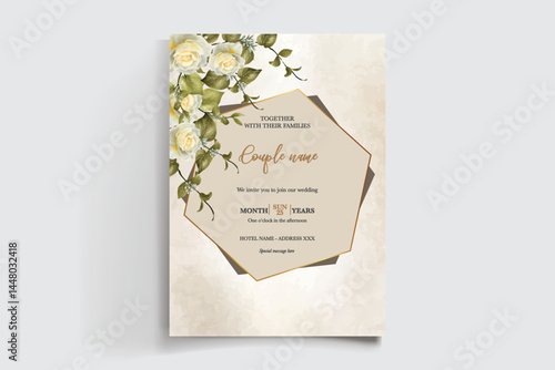 WEDDING INVITATION FRAME WITH FLOWER DECORATIONS AND FRESH LEAVES
