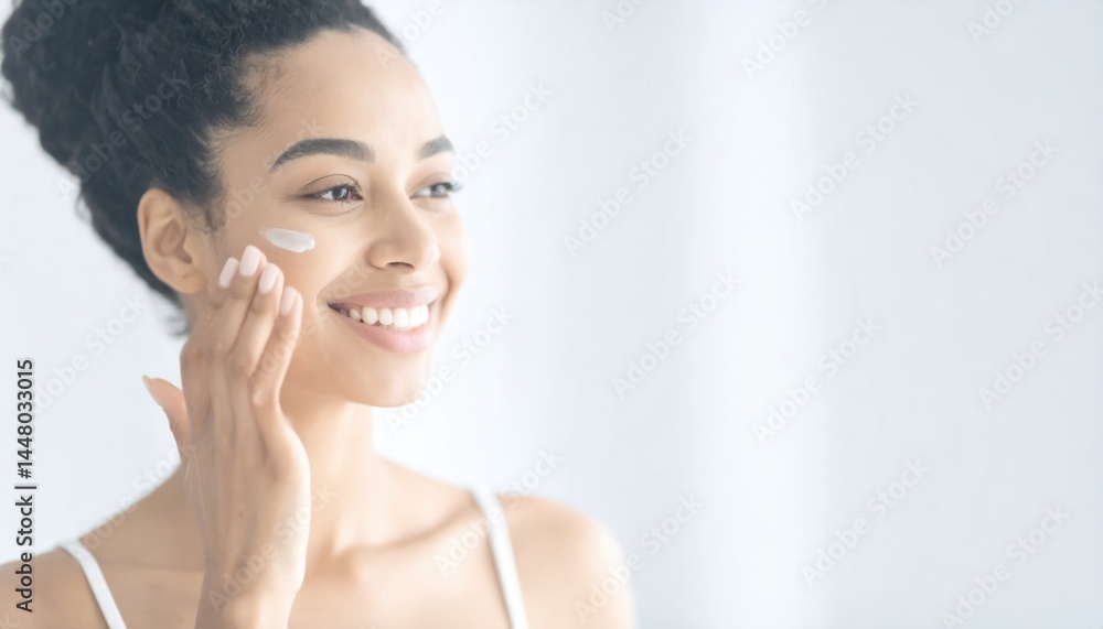 Smiling mixed race young woman applying moisturizer on her face in bathroom Smiling mixed race young woman applying moisturizer on her face in bathroom