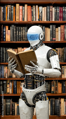 Robot reading book in library, knowledge, AI, future, education