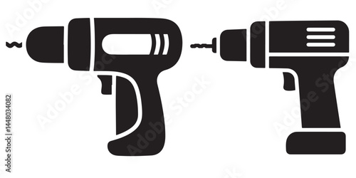 Two black silhouette drawings of power drills.
