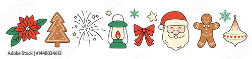 Christmas Characters and Elements Set. Merry Xmas celebration. New Year, Holiday Clipart. Santa Claus, Poinsettia, Gingerbread cookies, Lantern, Fireworks, Christmas decorations, Bow, Stars, Snowflake