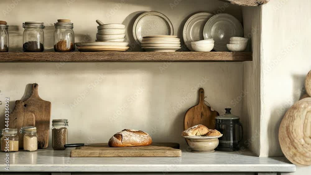 Warm and inviting rustic kitchen countertop showcasing fresh bread, various crockery, and ingredients Warm and inviting rustic kitchen countertop showcasing fresh bread, various crockery, and ingredients