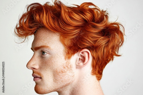 Obraz na płótnie A man with natural beauty and a confident stance. Elegant men's textured crop haircut - midlife white man with red hair. Pure white solid background. Conceptual art of style for aging me. w salonie