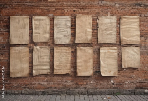 Wallpaper Mural Weathered paper posters, various sizes, glued to rustic brick wall  Different orientations, urban setting , paper, creased Torontodigital.ca