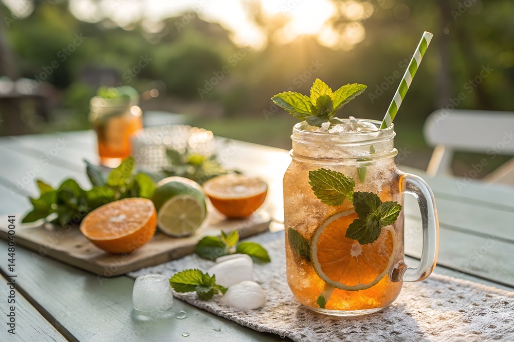 Refreshing summer cocktail with mint, citrus slices, and ice cubes in a mason jar Refreshing summer cocktail with mint, citrus slices, and ice cubes in a mason jar