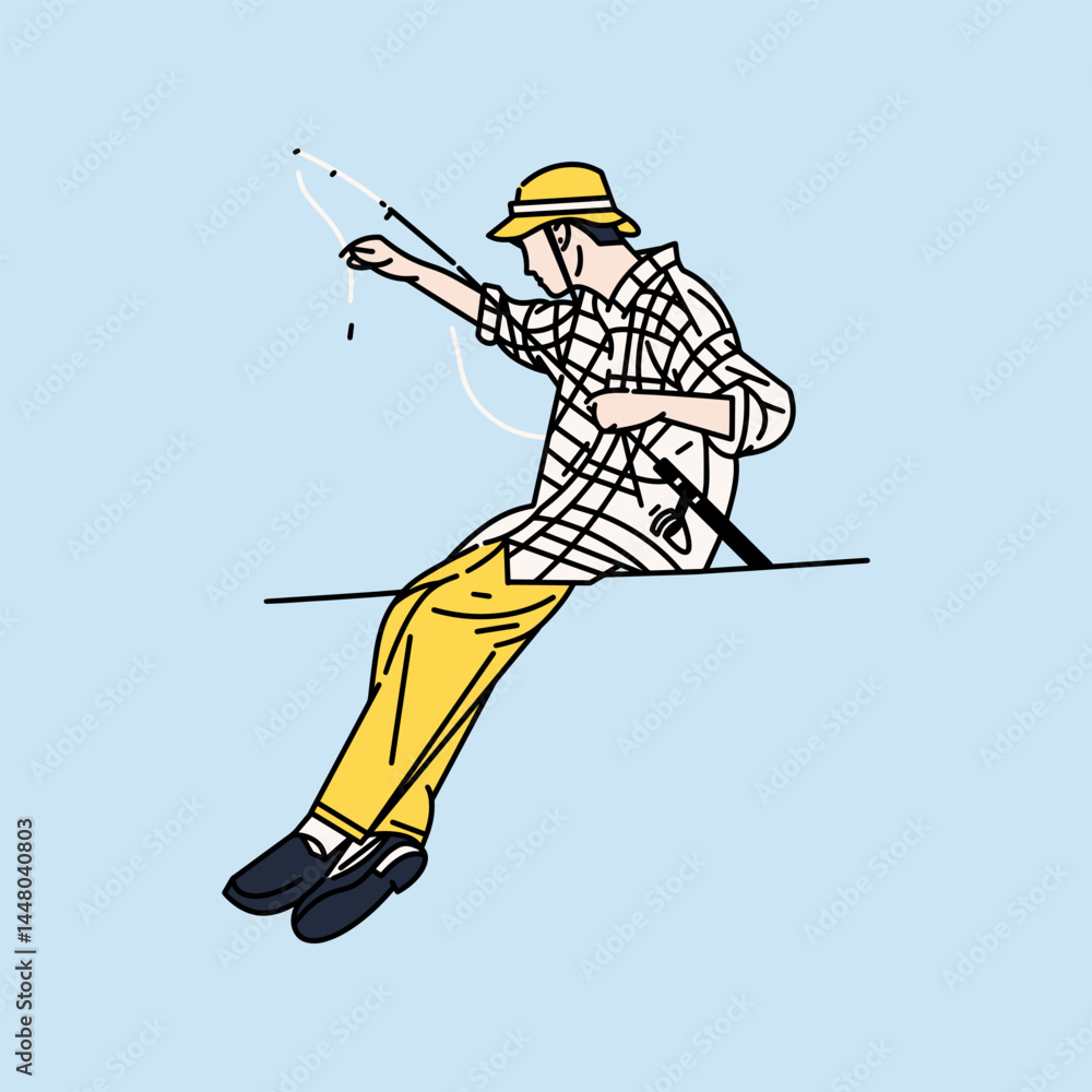 Obraz premium Peaceful Day Fishing – Vector Pose of Man with Rod
