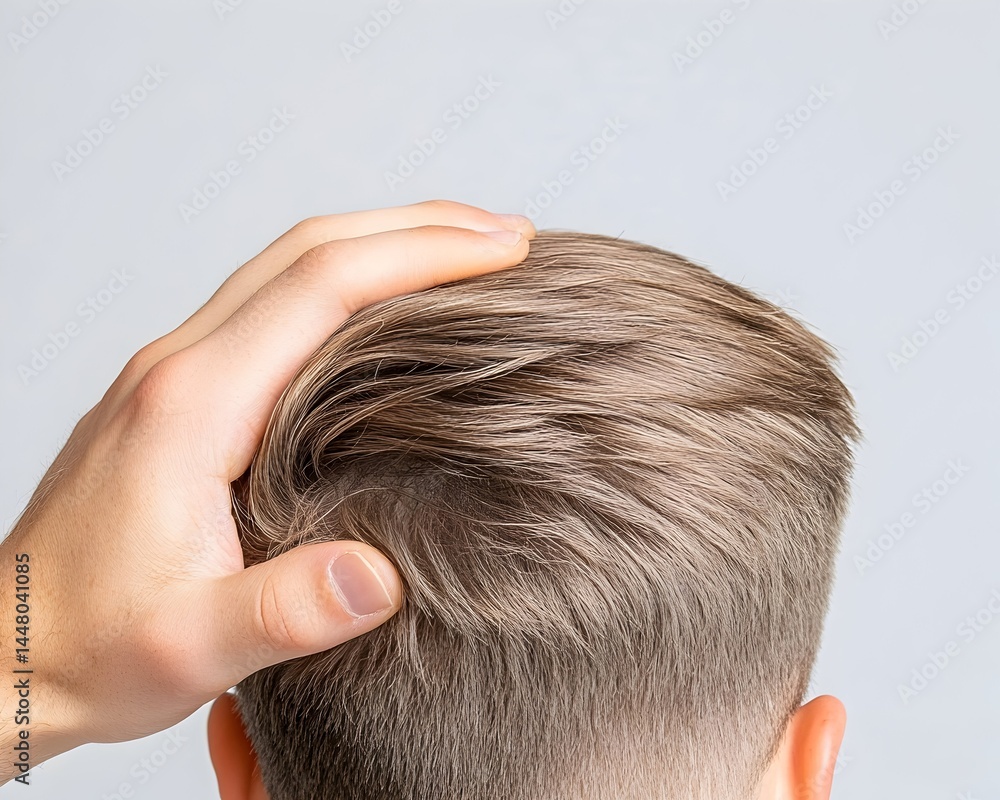 Naklejka premium A hand gently styling short, light-brown hair The hair is neatly cut and appears healthy