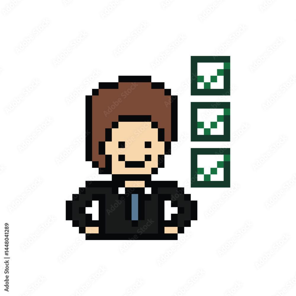 Fototapeta premium Cartoon cute pixel cartoon 8bit character business man smart work check list feedback decoration business 8 bit male to do businessman office work game check list png vector.