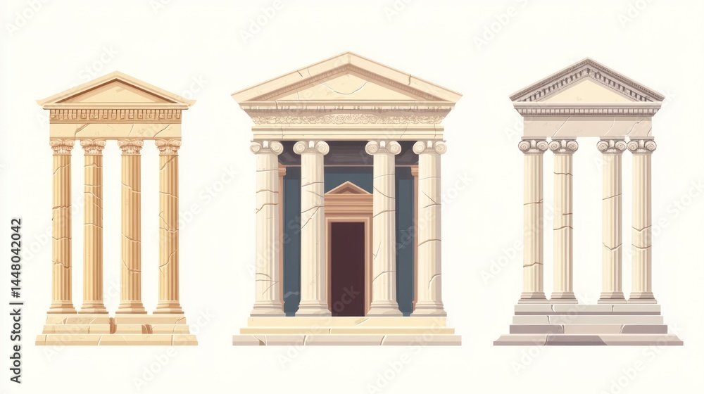 Fototapeta premium Three classical temple illustrations with different architectural styles and color palettes, isolated on white background.
