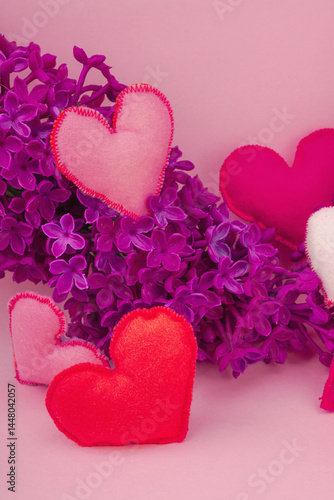 Cute greeting card for Valentine's or Mothers Day. Handmade felt hearts and lilac flowers