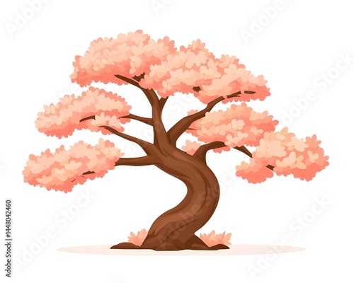 A stylized illustration of a blossoming, pink-flowered tree with a curved, thick trunk, set against a white background