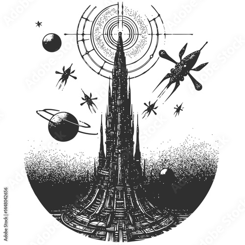 Alien spire with orbiting drones in a synchronized dance, showcasing futuristic design and cosmic technology.