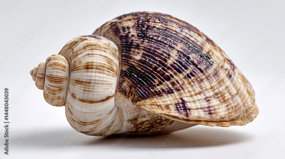 Close-up of a beautifully patterned seashell on a white background. Close-up of a beautifully patterned seashell on a white background.