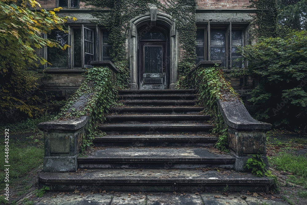 Weathered stone steps leading to a dark doorway of an abandoned building, overgrown with ivy Weathered stone steps leading to a dark doorway of an abandoned building, overgrown with ivy