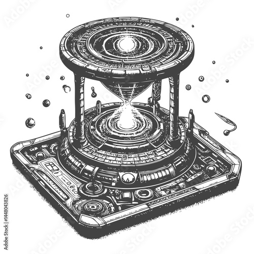 Advanced sci-fi time portal ringed by bright tablets, highlighting futuristic design and temporal innovation.