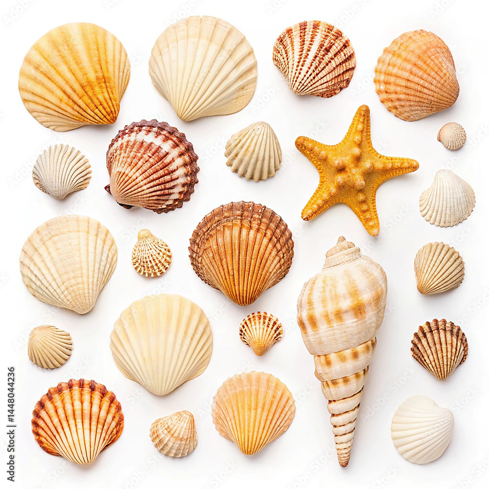 Seashell collection on white background Seashell collection on white background