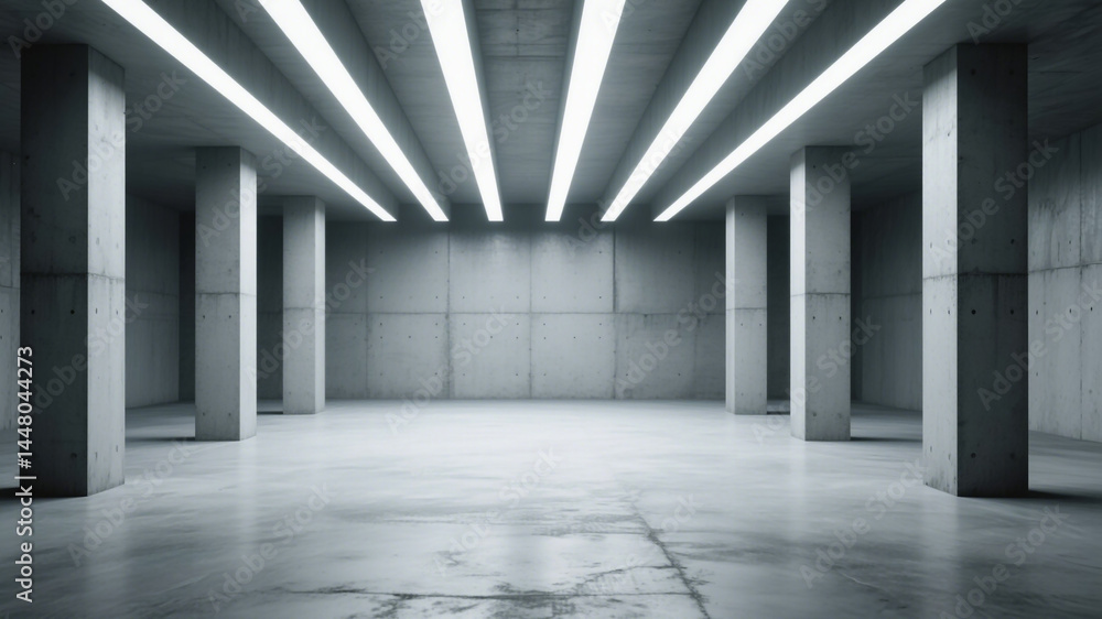 Abstract empty modern concrete room with ceiling light shafts, thin beams, pillars, and a rough floor, highlighting industrial minimalism and architectural design.
Abstract empty modern concrete room with ceiling light shafts, thin beams, pillars, and a rough floor, highlighting industrial minimalism and architectural design.