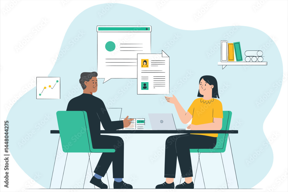 Vector Illustration of Job Interview Meeting Between Two Professionals/A friendly, professional illustration of a job interview scene... Vector Illustration of Job Interview Meeting Between Two Professionals/A friendly, professional illustration of a job interview scene...