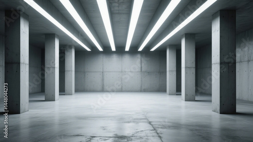 Abstract empty modern concrete room with ceiling light shafts, thin beams, pillars, and a rough floor, highlighting industrial minimalism and architectural design.

