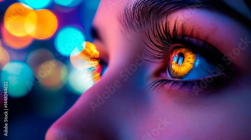 portrait of beautiful woman in eye with glowing neon lights