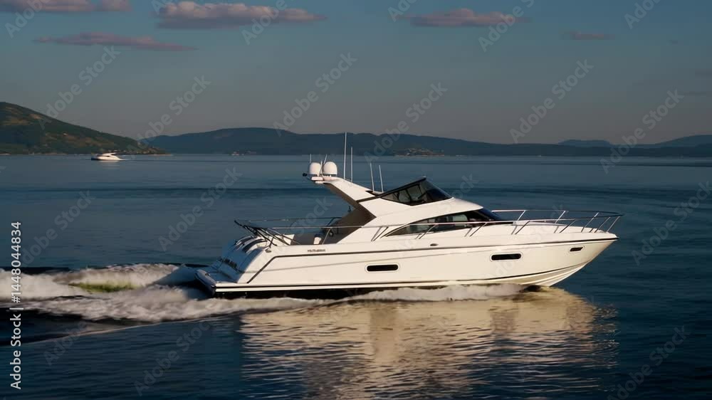 Luxury Motorboat Speeding Across Scenic Lake Luxury Motorboat Speeding Across Scenic Lake