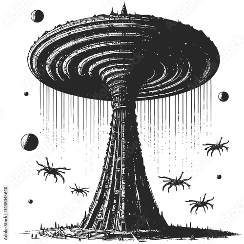 Majestic alien spire encircled by hovering drones, representing interstellar architecture and cutting-edge technology.