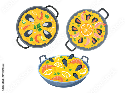 vector illustration of a spanish food Seafood Paella (Rice Dish with Various Seafood)