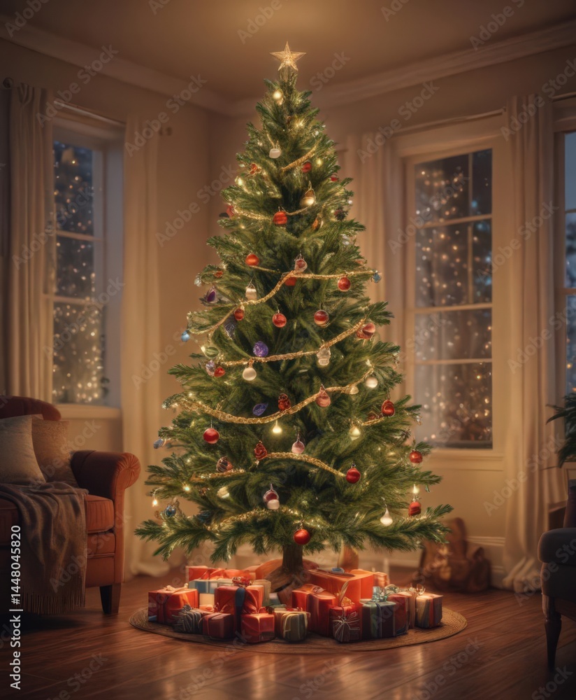 Twinkling lights illuminate a vibrant Christmas tree in a snug setting , Christmas, shine, warm Twinkling lights illuminate a vibrant Christmas tree in a snug setting , Christmas, shine, warm