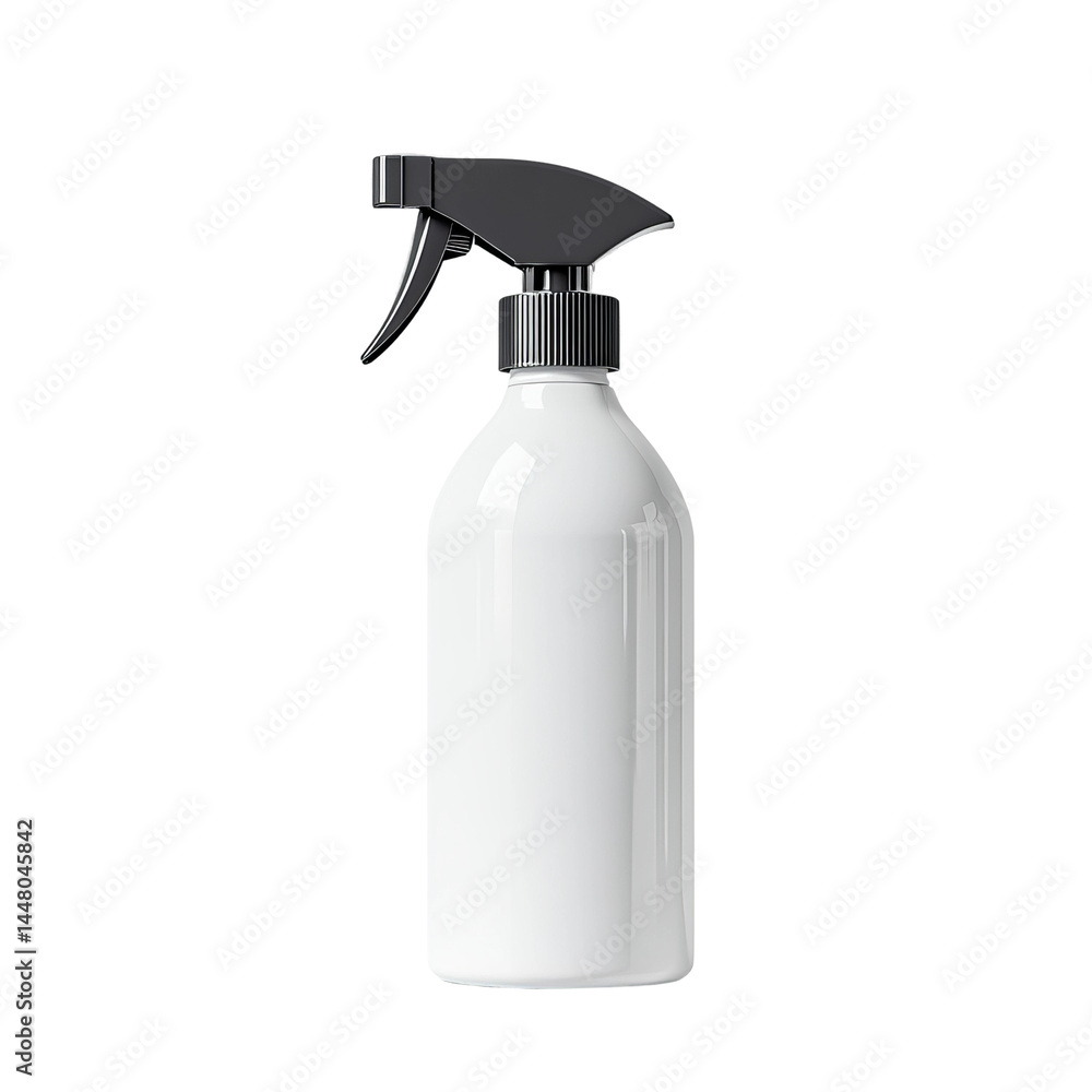 A close-up studio shot of a sleek white spray bottle with a black nozzle, symbolizing cleanliness and hygiene A close-up studio shot of a sleek white spray bottle with a black nozzle, symbolizing cleanliness and hygiene