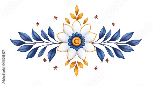 Elegant floral design with blue, white, and gold flower and leaves, symmetrical, on white background